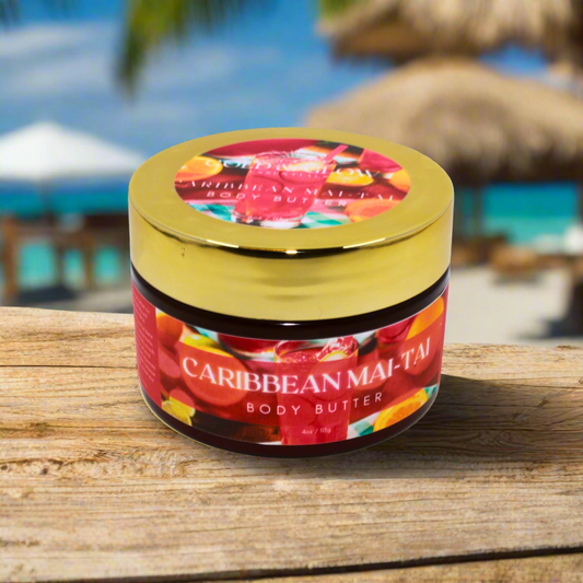 Jar of Caribbean Mai Tai body butter with a colorful label on a white background